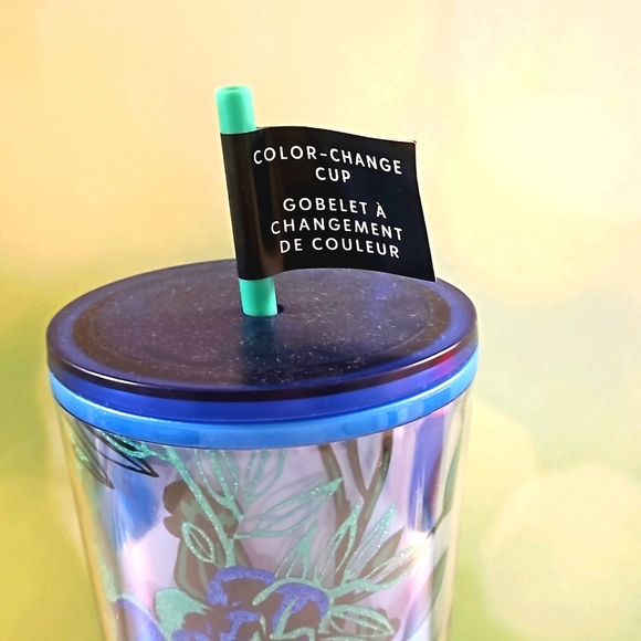 STARBUCKS color-changing Blue Berry Corsage floral bird glittered tumbler  24oz.